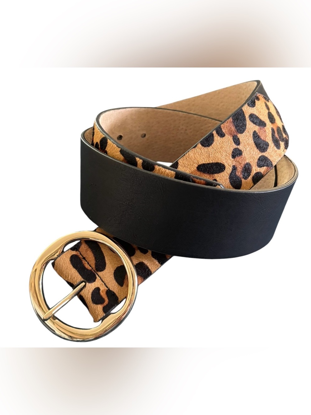 Chico’s Genuine Calf Hair Leopard Print/Black Leather Belt Sz S Silver Buckle